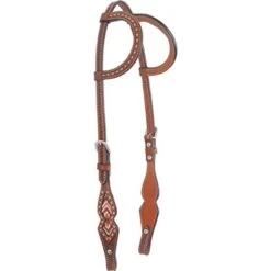 Western Rawhide Bead Double Ear Headstall - Tan/Chestnut